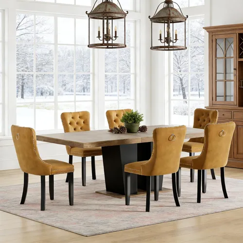 Vista 53 de Mesa de comedor extensible de 78.74 pulgadas para 6 8 y 10 pulgadas, moderna mesa de comedor extensible de granja con base de doble pedestal, mesa