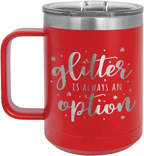Vista 6 de GLITTER IS SIEMPRE UNA OPCIÓN Negro Taza de café de 15 oz con tapa deslizante Taza de café de viaje con aislamiento Ideas de regalos