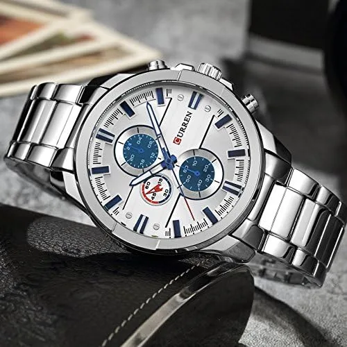 Vista 2 de CURREN 8274 Reloj de cuarzo de lujo para hombre, relojes casuales de moda (azul plateado), plateado, Reloj de cuarzo