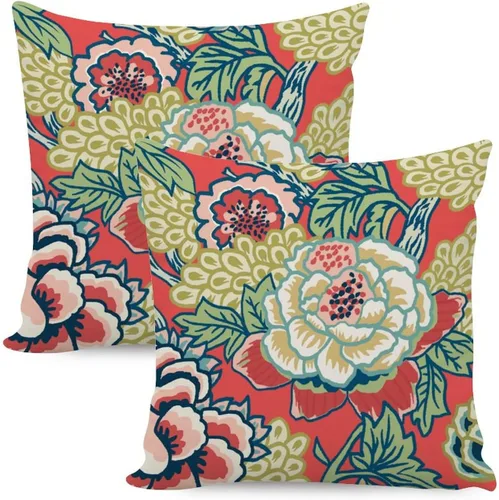 Vista 35 de Juego de 2 almohadas coloridas de estilo chinoiserie, color rosa intenso, azul real, peonía, floral, blanco, lino, estilo chinoiserie, para sofá