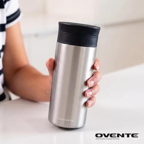 Vista 3 de OVENTE MSA12S - Taza aislada al vacío de acero inoxidable, 12 oz, color plateado Portable Double Wall Handheld Tumbler with Tea Infuser, BPA-Free