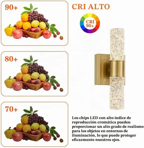 Vista 9 de Juego de 2 apliques de pared LED de cristal, lámparas de baño de oro cepillado, modernas luces de baño con LED con cable para dormitorio, sala