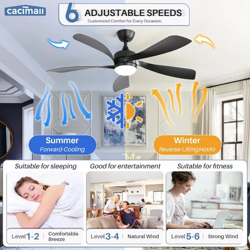 Vista 6 de CACI Mall Ventilador de techo inteligente de 52 pulgadas con luces, control remoto, compatible con Alexa/Google/App, 5 cuchillas, iluminación