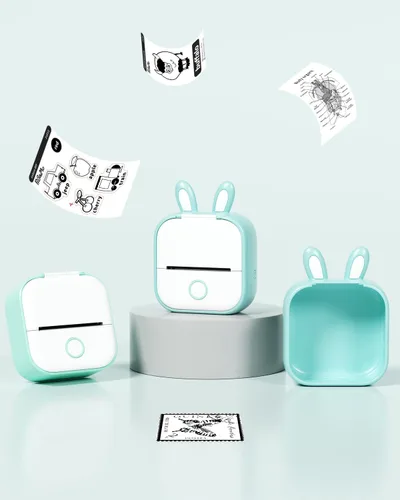 Vista 5 de Memoking T02 - Funda protectora con forma de orejas de conejo, silicona suave, sin BPA, lindo diseño de impresora, compatible con T02 Mini Bluetooth