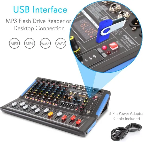 Vista 4 de Pyle Mezclador de audio estilo consola de 8 canales con Bluetooth - Controlador de sonido DJ, 4 entradas XLR / combinado, salida sub, +48V Phantom