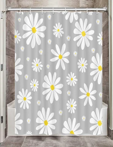 Vista 12 de Cortina de ducha con diseño floral de margaritas azules para caravana, remolque, baño, lindo juego de cortinas de ducha de tela estrecha y corta