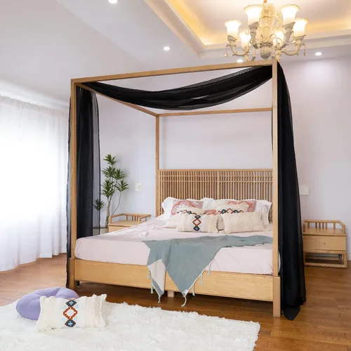Vista 4 de Linentalks Cortinas de cama negras para cama Queen y matrimonial, bufanda de cama, cenefa transparente, cortinas de cama con toldo de cuatro postes