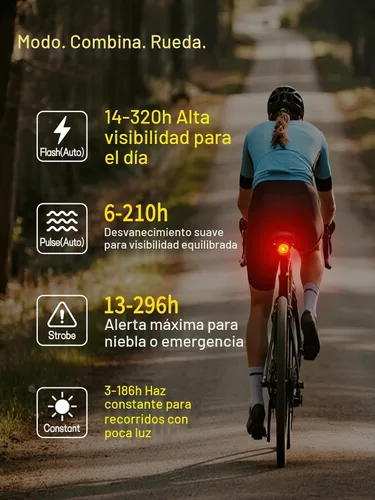 Vista 5 de Luz trasera de bicicleta de brillo variable, luz trasera de bicicleta con detección de freno, 800 mAh USB-C recargable, 4 modos de iluminación, IPX6