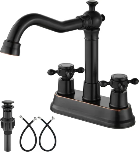 Vista 19 de Aolemi Juego central de 4 pulgadas, grifo vintage para lavabo de baño, 2 manijas cruzadas, lavabo para lavabo, 3 agujeros, incluye mangueras, grifo