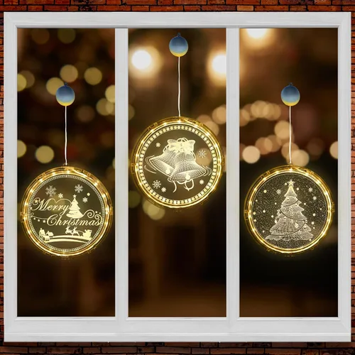 Vista 8 de KatchOn, Decoraciones navideñas iluminadas para ventanas de interiores, paquete de 3 unidades, Papá Noel, renos y árbol de Navidad para decoración