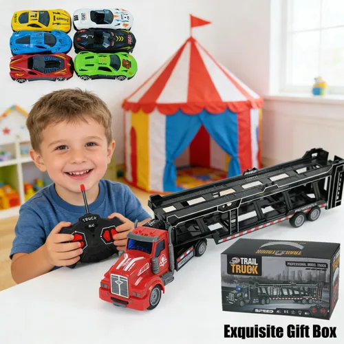 Vista 2 de Camión transportador de automóviles a control remoto incluye 6 coches, 14 pulgadas 1:48 de juguete transportador de automóviles semirremolque