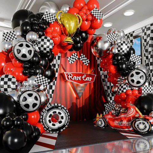 Vista 5 de Kit de Arco de Globos TODO EN 1 para Autos de Carreras con TROFEO BONUS y Número 2 - Kit de Guirnalda de Globos de Autos para Suministros de Fiesta
