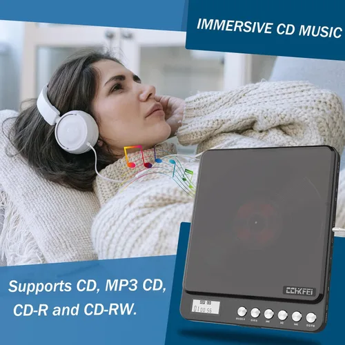 Vista 6 de Reproductor de CD portátil con Bluetooth y transmisor FM, reproductores de CD Bluetooth recargables de 2000 mAh con altavoces, conector