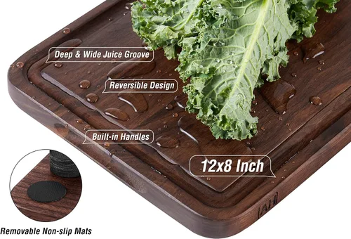 Vista 6 de AZRHOM Tabla de cortar de madera de nogal, tablas de cortar pequeñas de madera de 12 x 8 pulgadas con ranura profunda para jugo y mango lateral