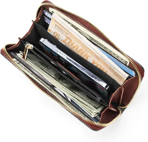 Vista 5 de NIUCUNZH Carteras de cocodrilo para mujer, cartera de cuero con pulsera, diseño elegante, gran capacidad, bloqueo RFID, Marrón