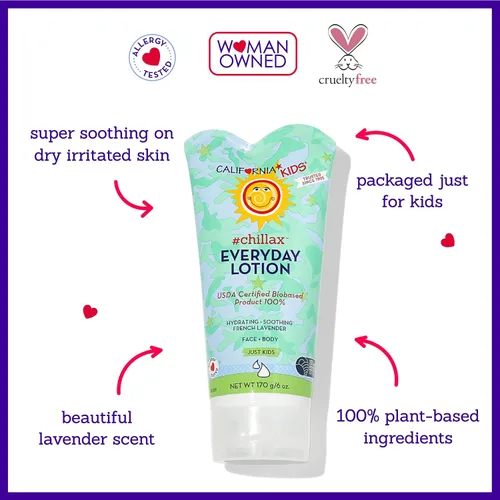 Vista 4 de California Kids Lotion #Chillax Hidratante 100% a base de plantas Cuidado de la piel para niños con piel sensible Loción corporal lavanda