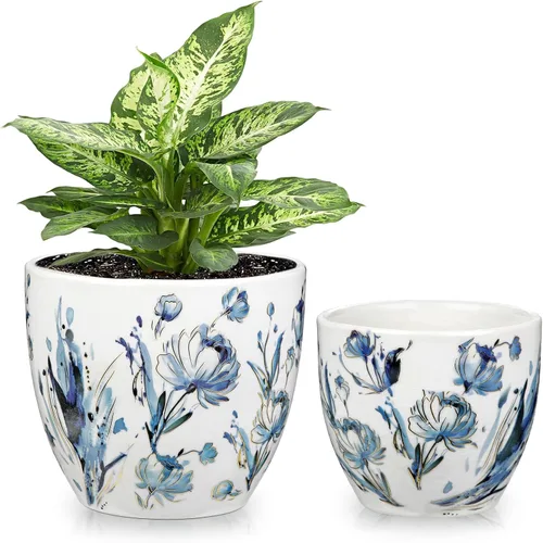 Vista 7 de Macetas decorativas azules y blancas, macetas de cerámica con acento dorado para plantas de interior, macetas con drenaje, maceta retro para floral