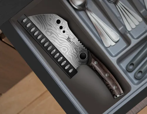 Vista 9 de SYOKAMI Cuchillo de chef con funda, cuchillo de carnicero de 7.7 pulgadas con pelador de hierbas, cuchillo de cortar huesos resistente, mango