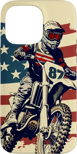 Vista 21 de Funda vintage para iPhone 16 Motocross Rider Dirt Bike con bandera estadounidense
