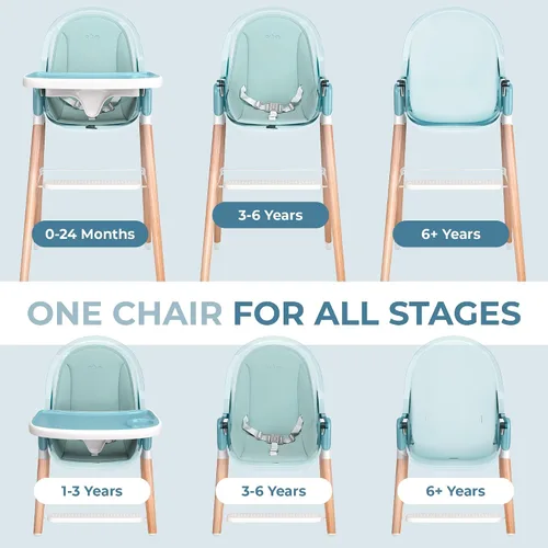 Vista 6 de Silla alta de madera de lujo 6 en 1 para bebés y niños pequeños, moderna, segura y compacta, fácil de limpiar y montar, bandeja y cojín extraíbles