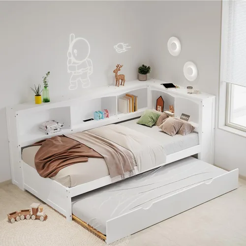 Vista 3 de DEINPPA Sofá cama Twin Captain con nido y puertos USB, marco de cama de plataforma de madera con cabecera en forma de L para niños, adolescentes