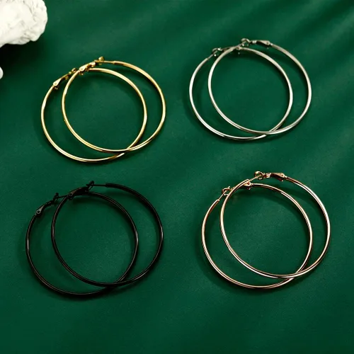 Vista 4 de Juego de 4 pares de aretes de aro grandes para mujeres y niñas, de acero inoxidable 316L, hipoalergénicos, chapados en plata, chapados en oro de 14