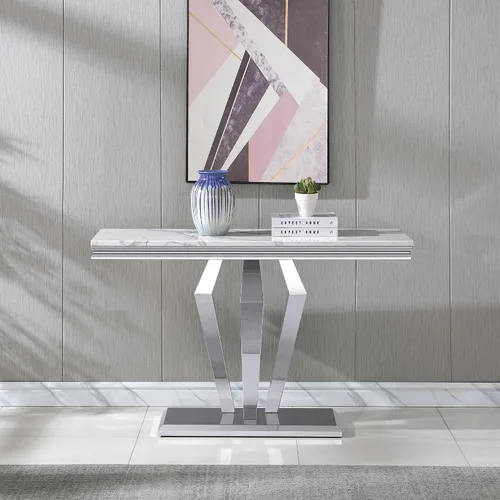 Vista 9 de Mesa consola moderna de cristal, mesa de sofá dorada de 55 pulgadas con marco de metal resistente y parte superior de vidrio templado negro