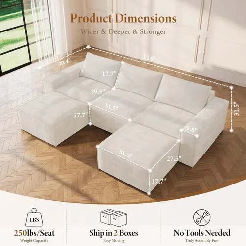 Vista 2 de Vesgantti Sofá modular sin hueso de 114 pulgadas, moderno sofá de 5 plazas en forma de U con 2 otomanas y asientos profundos, sofás de nube