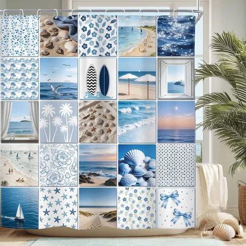 Vista 26 de Riyidecor Cortina de ducha con diseño de tortuga marina, playa, océano, náutico, versículo bíblico náutico, pez azul cristiano, conchas marinas