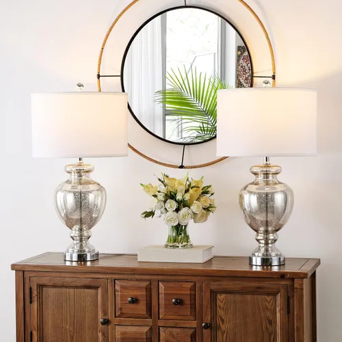 Vista 3 de SAFAVIEH Lighting Collection Morocco Mercury Glass - Juego de 2 lámparas de mesa de 28 pulgadas con puerto de carga USB (bombillas LED incluidas)