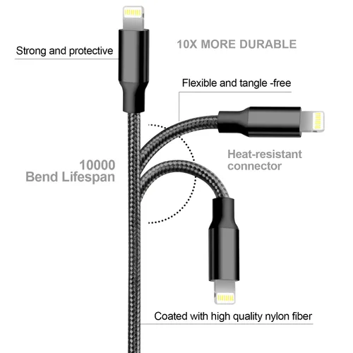 Vista 4 de Cable USB a Lightning, paquete de 5 cables de carga rápida para iPhone Negro