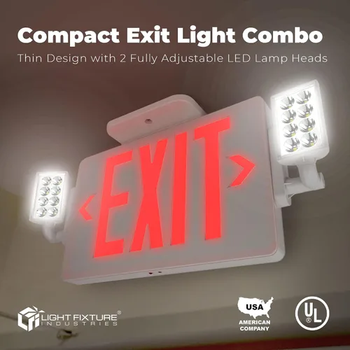 Vista 3 de LFI Lights Thin COMBO UL 924 Listed, LED rojo, señal de salida con luces de emergencia, blanco, 120-277 VCA cableada con batería de respaldo, doble