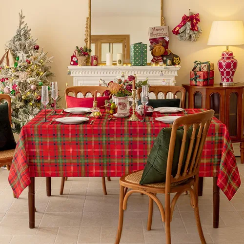 Vista 4 de Romanstile - Mantel rectangular rojo de cuadros navideño - 60 x 84 pulgadas - Funda de mesa a cuadros resistente a las manchas de agua, manteles
