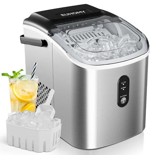 Vista 10 de EUHOMY Máquina de hielo para encimera, máquina de hielo portátil con asa de transporte, 26.5 libras por día, 9 cubos en 6 minutos, limpieza Plateado