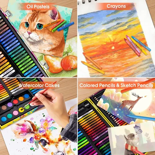 Vista 5 de Suministros de arte, juego de 180 piezas para dibujar y pintar para niños, niñas, niños, adolescentes, juego de arte para colorear con estuche