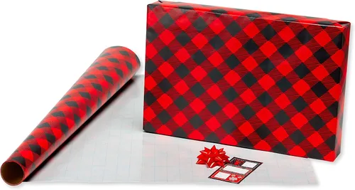 Vista 6 de American Greetings - Papel de regalo navideño, juego de envoltura de regalo de cuadros de búfalo rojo y negro