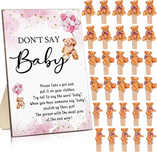 Vista 13 de Unittype 51 Piezas No Digas Bebé Juego de Baby Shower Regalos Incluye Letrero de Baby Shower Tema Abeja y 50 Mini Pinzas de Ropa de Abeja para Niños
