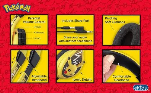 Vista 5 de eKids Pokemon Pikachu - Auriculares con cable para niños, ajustables, sonido estéreo, conector de 3.5mm, sin enredos, control de volumen, diadema