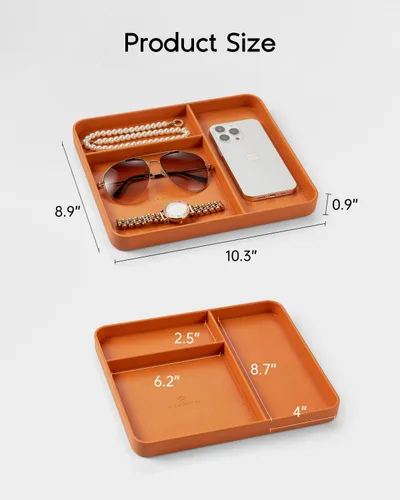 Vista 8 de VLANDO Valet Tray for Men, PU Leather Catchall Tray with Dividers Orange