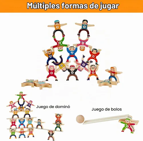 Vista 3 de HELLO PAPAYA Juguetes apilables de madera, 16 piezas, juego de bloques de construcción de equilibrio, Circus Hercules Acrobatic Troupe Interlock