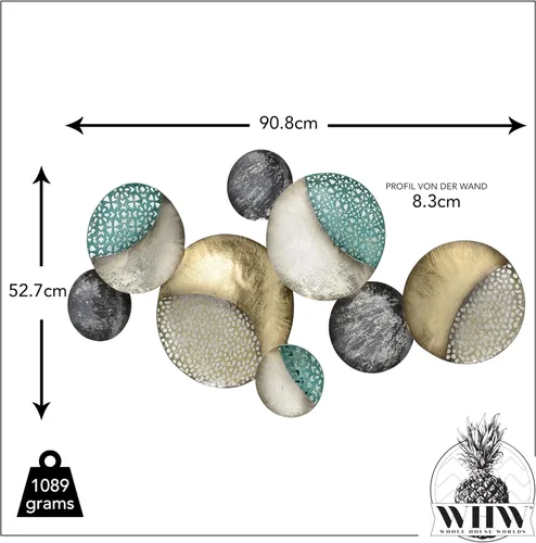 Vista 3 de WHW Whole House Worlds MODERNIST HOME Círculos flotantes, arte abstracto de pared de metal, hecho a mano, dorado dorado, negro, blanco y gris