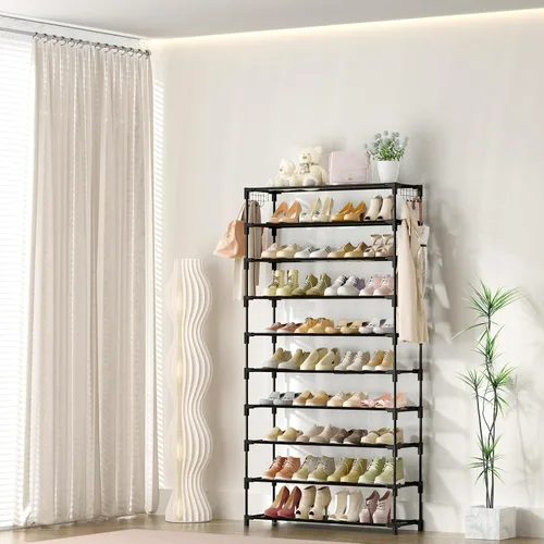 Vista 7 de LANTEFUL Zapatero de 10 niveles, 50 pares, organizador de zapatos alto de gran capacidad, almacenamiento de zapatos resistente con dos ganchos