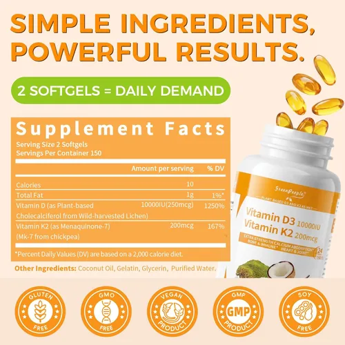 Vista 2 de GREENPEOPLE Suplemento de vitamina K2 D3, vitamina D-3 y K-2 MK-7, 10,000 UI/200 mcg, con aceite de coco MCT virgen sin OMG 300 cápsulas blandas