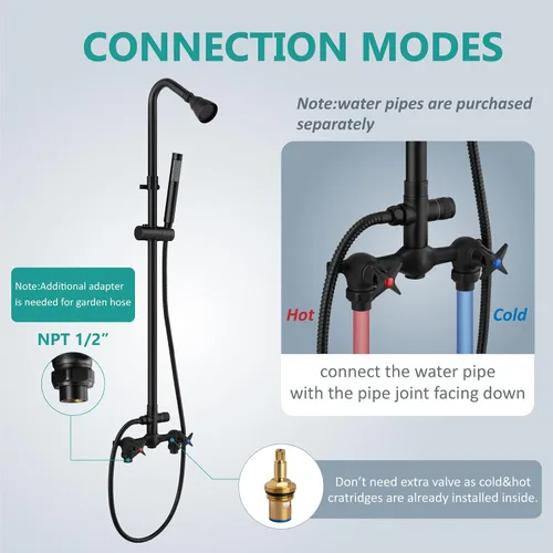 Vista 6 de Aolemi Kit de ducha para exteriores de montaje en pared, sistema de grifo de ducha para exteriores con rociador de mano, ducha expuesta central de 6