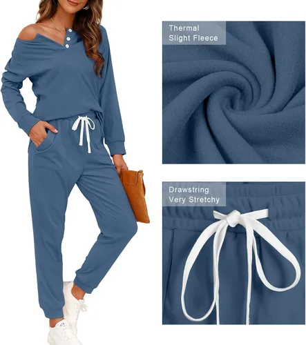 Vista 23 de Wiholl - Conjuntos de dos piezas para mujer: ropa cómoda con sudadera abotonada y pantalones deportivos con bolsillos