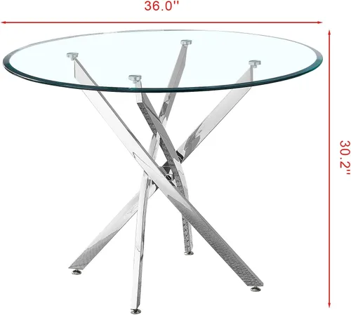 Vista 3 de SSLine Mesa de comedor redonda para 2-4, mesa de comedor de cristal transparente de lujo con base de pedestal plateada de 36 pulgadas, mesa