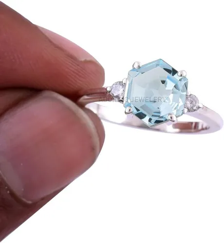 Vista 6 de Anillo de plata de ley 925 para mujer, anillo de diamantes de imitación de aguamarina de plata esterlina, anillo Art Deco de marzo, piedra natal