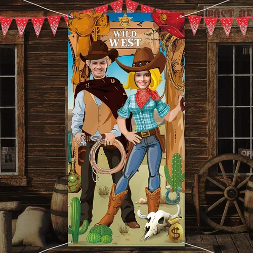 Vista 4 de Blulu Decoraciones de fiesta de fondo de vaquero occidental de 6 x 3 pies, decoración para cabina de fotos de rodeo del salvaje oeste, fondo