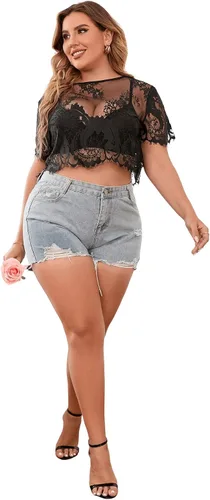 Vista 5 de Floerns Camiseta corta de manga corta de malla transparente para mujer, talla grande, sin brasier
