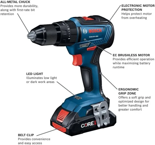 Vista 6 de Bosch GXL18V-502B25 kit de 5 herramientas de 18V con controlador de impacto de punta/llave de 2 en 1, taladro/controlador de martillo de 1/2 pulg.